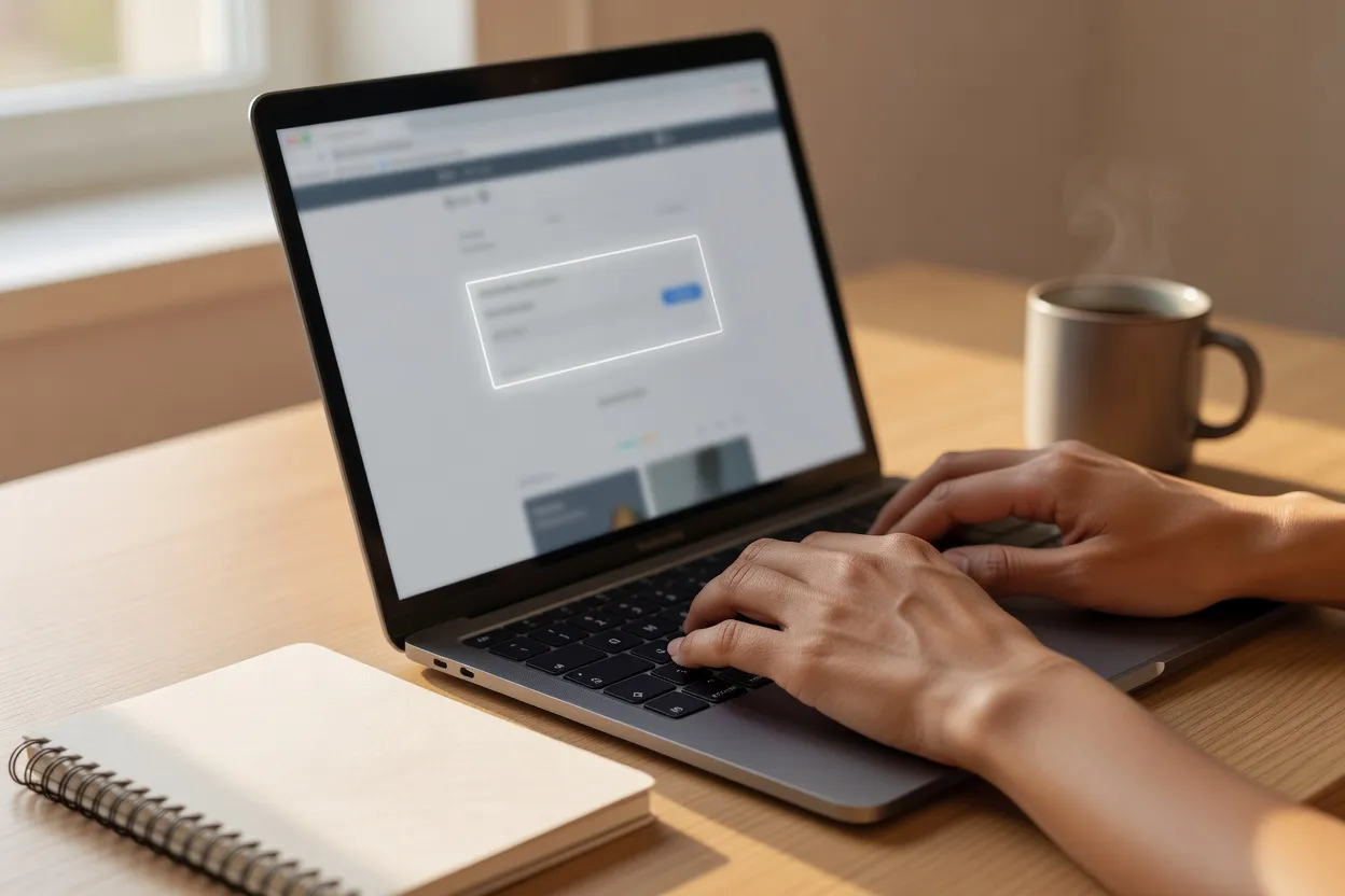 Mains sur un clavier d'ordinateur portable, test de navigation à la touche Tab sur une page web
