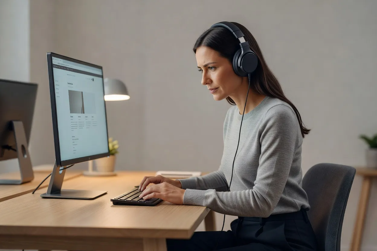 Développeuse avec un casque audio testant un site web avec un lecteur d'écran