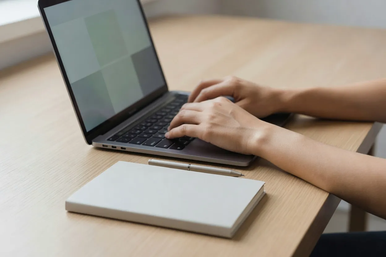 Des mains saisissent du code sur un ordinateur portable dans un espace de travail dédié au développement.