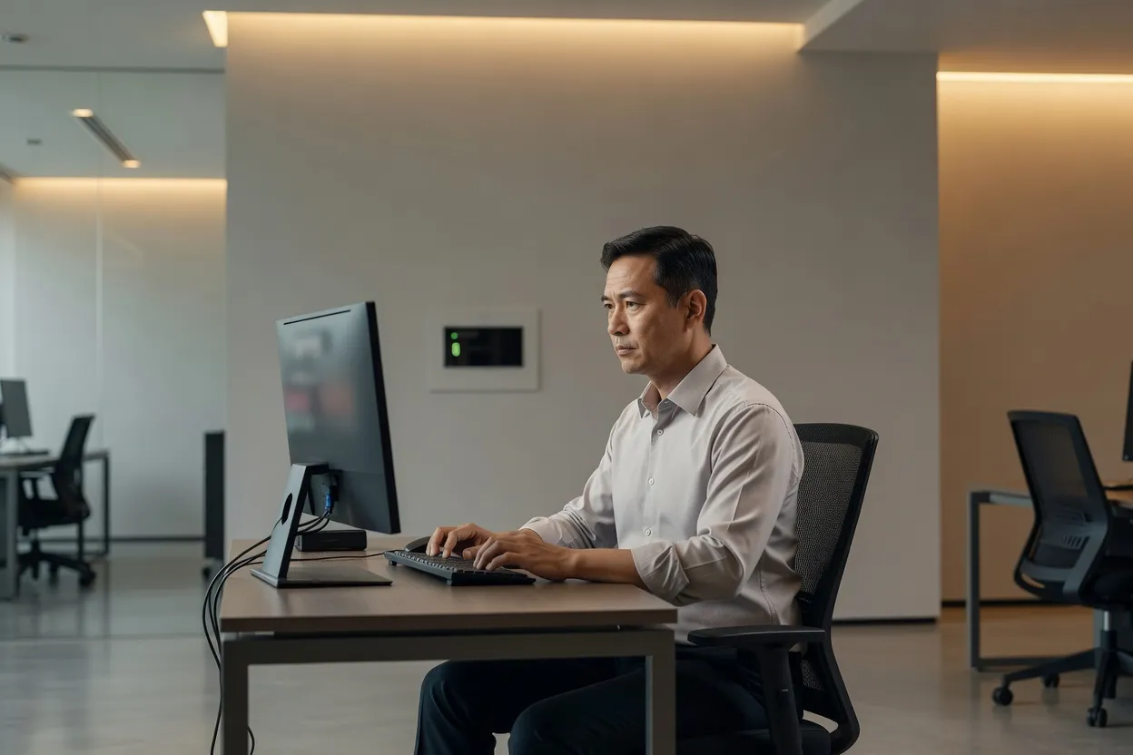 Une personne travaille devant un ordinateur dans un bureau évoquant la sécurité et les appels API.