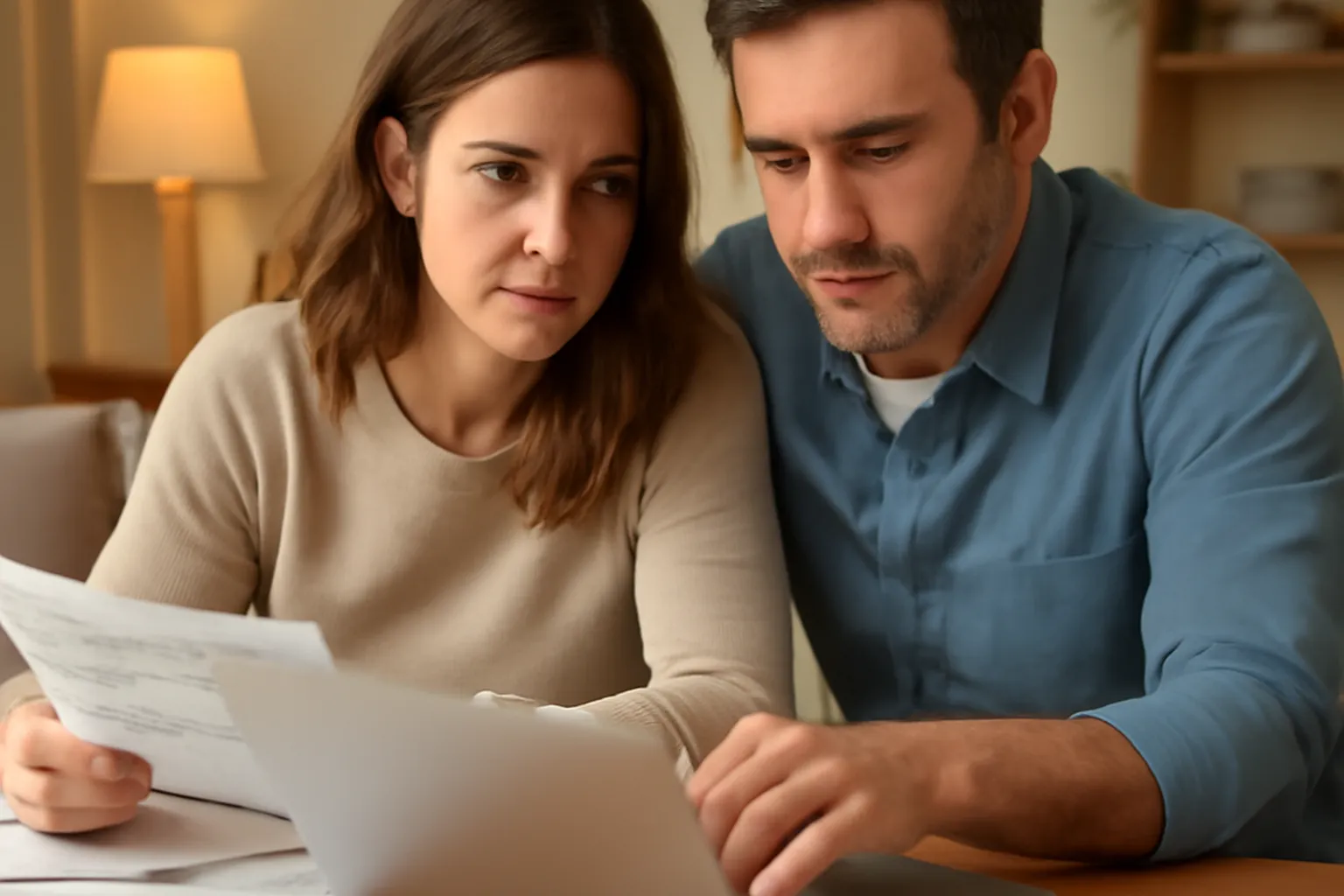 Couple consultant des documents bancaires et fiscaux ensemble