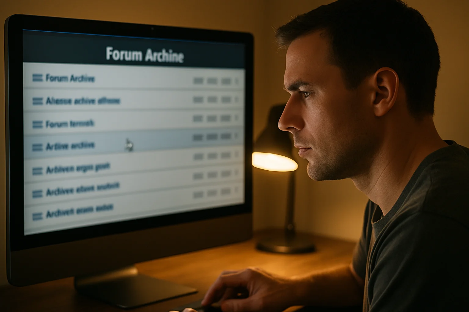 Personne feuilletant les archives publiques d’un vieux forum francophone sur un écran d’ordinateur, avec des discussions datées de vingt ans