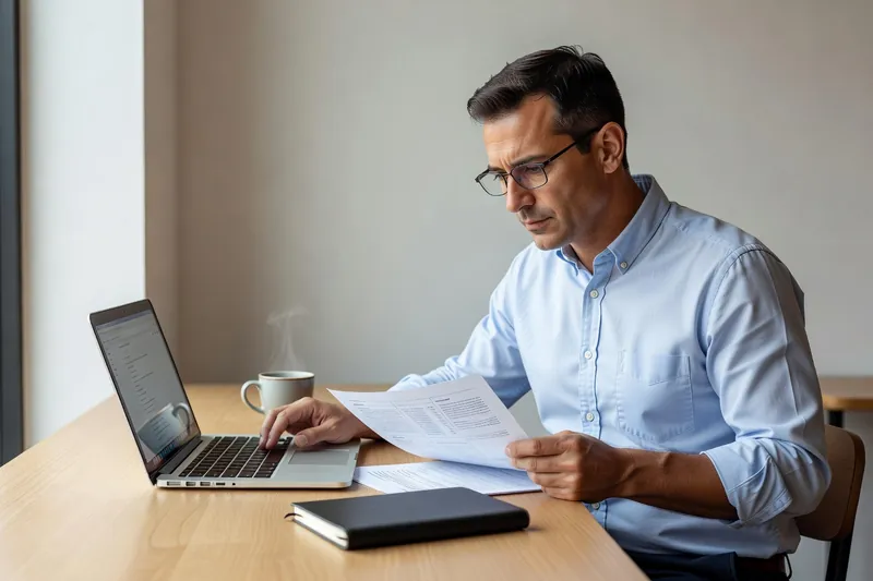 Un homme à lunettes comparant une page de documentation imprimée avec le code affiché sur son ordinateur portable