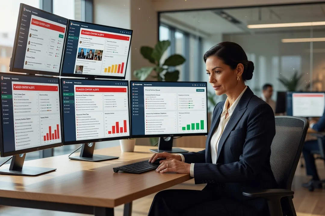 Administratrice de communauté consultant un tableau de bord de modération sur plusieurs écrans