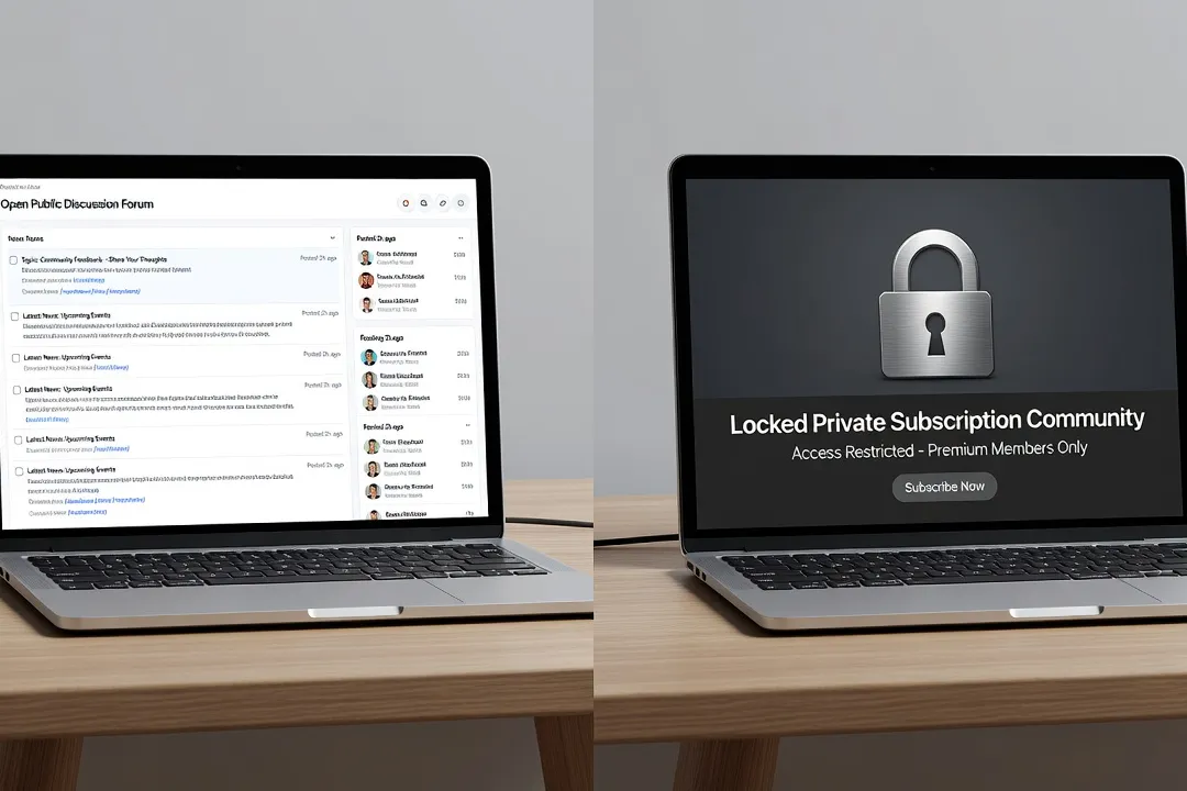 Comparaison visuelle entre un forum public ouvert et un espace communautaire privé sur abonnement