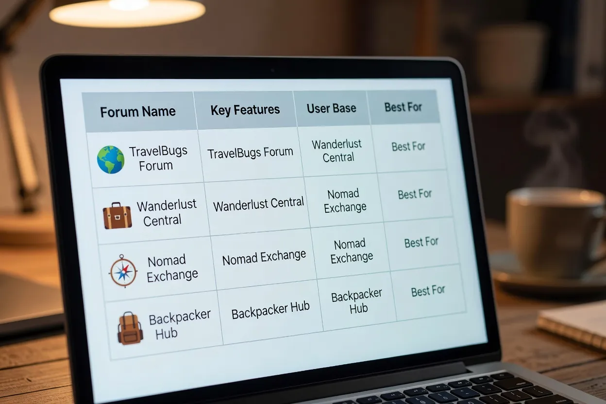 Tableau comparatif affiché sur un écran d'ordinateur portable avec plusieurs logos de forums de voyage