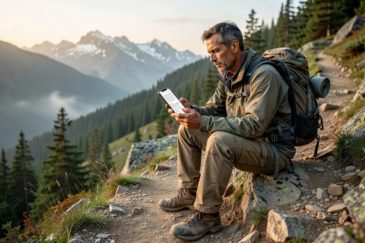 Voyageur consultant un forum de randonnée sur son smartphone au bord d'un sentier de montagne