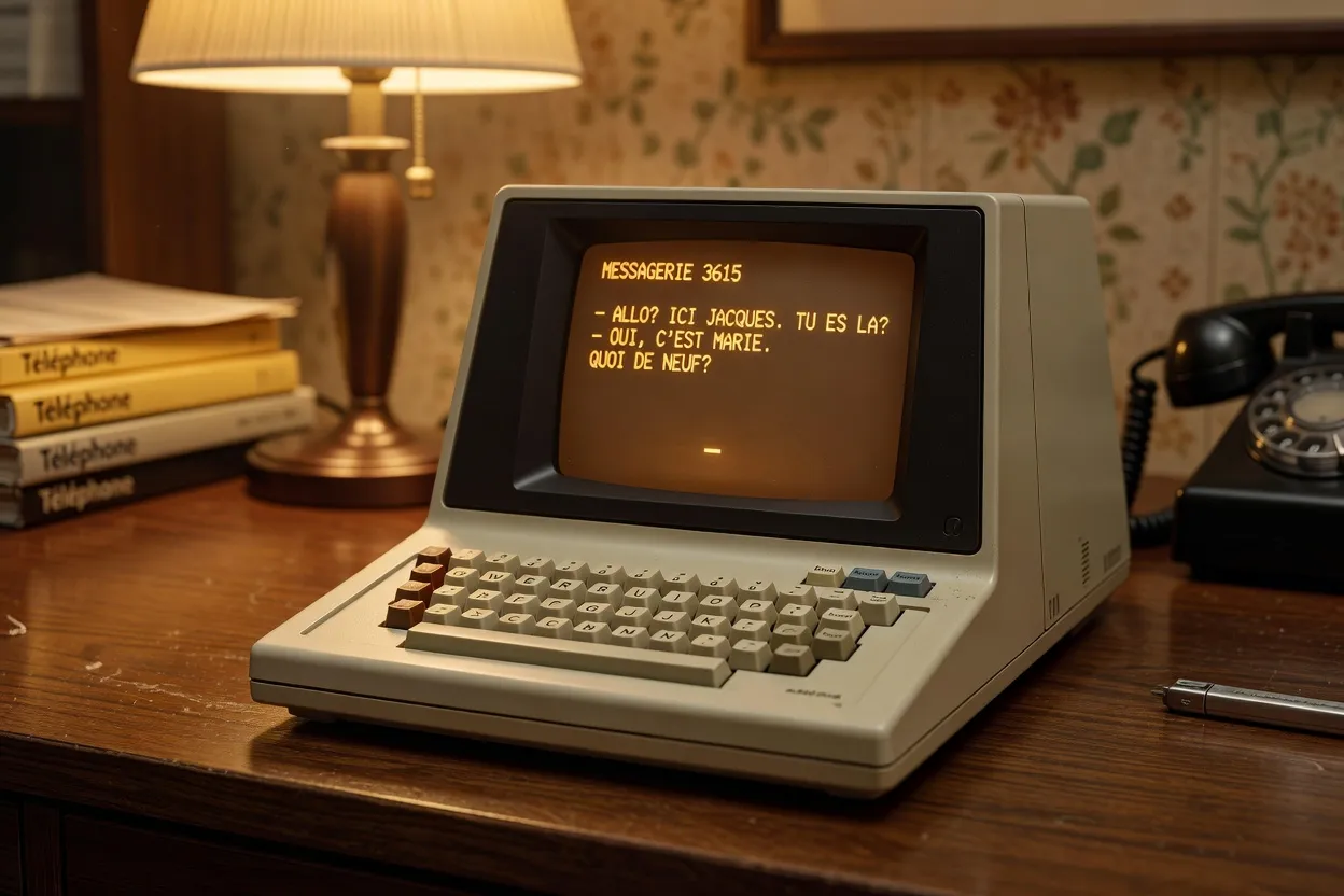 Terminal Minitel beige posé sur un bureau, écran affichant un service de messagerie textuelle