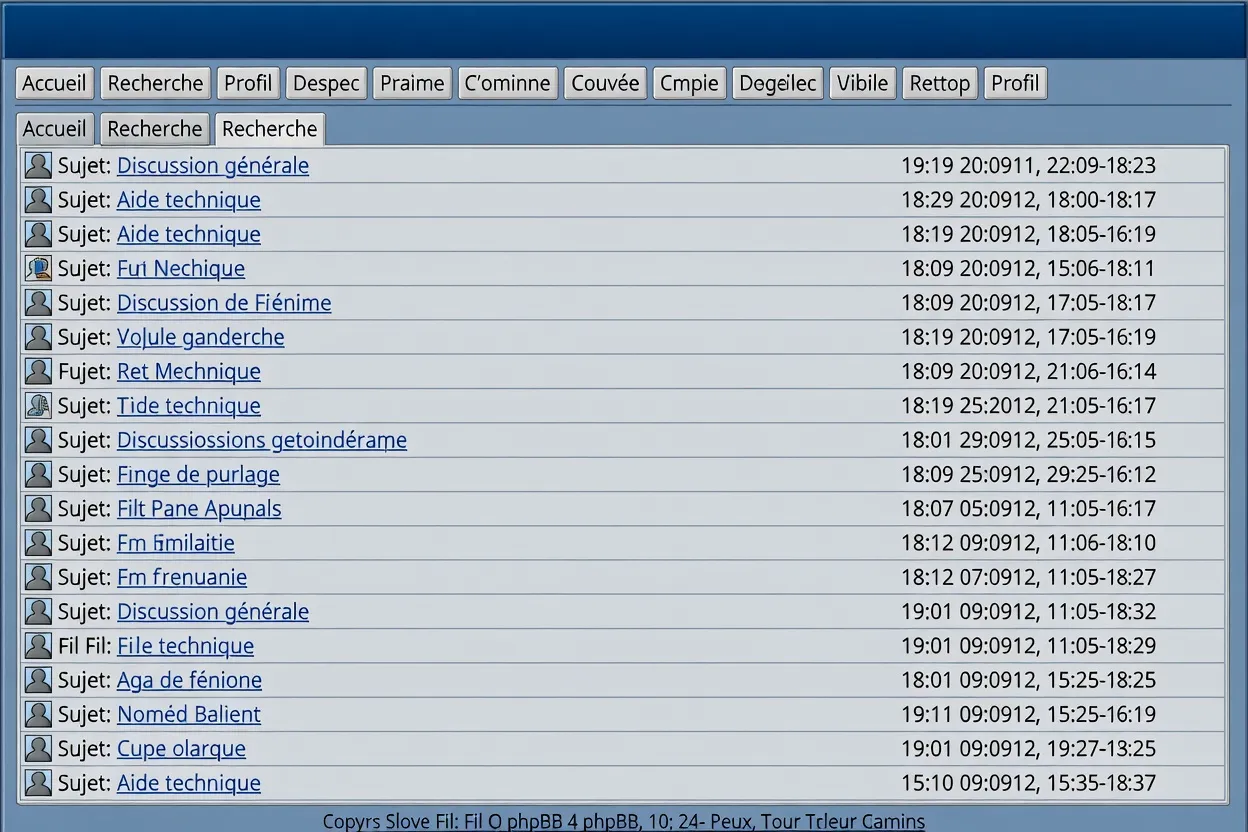 Capture d'évolution d'un forum phpBB français des années 2000 avec liste de sujets et avatars