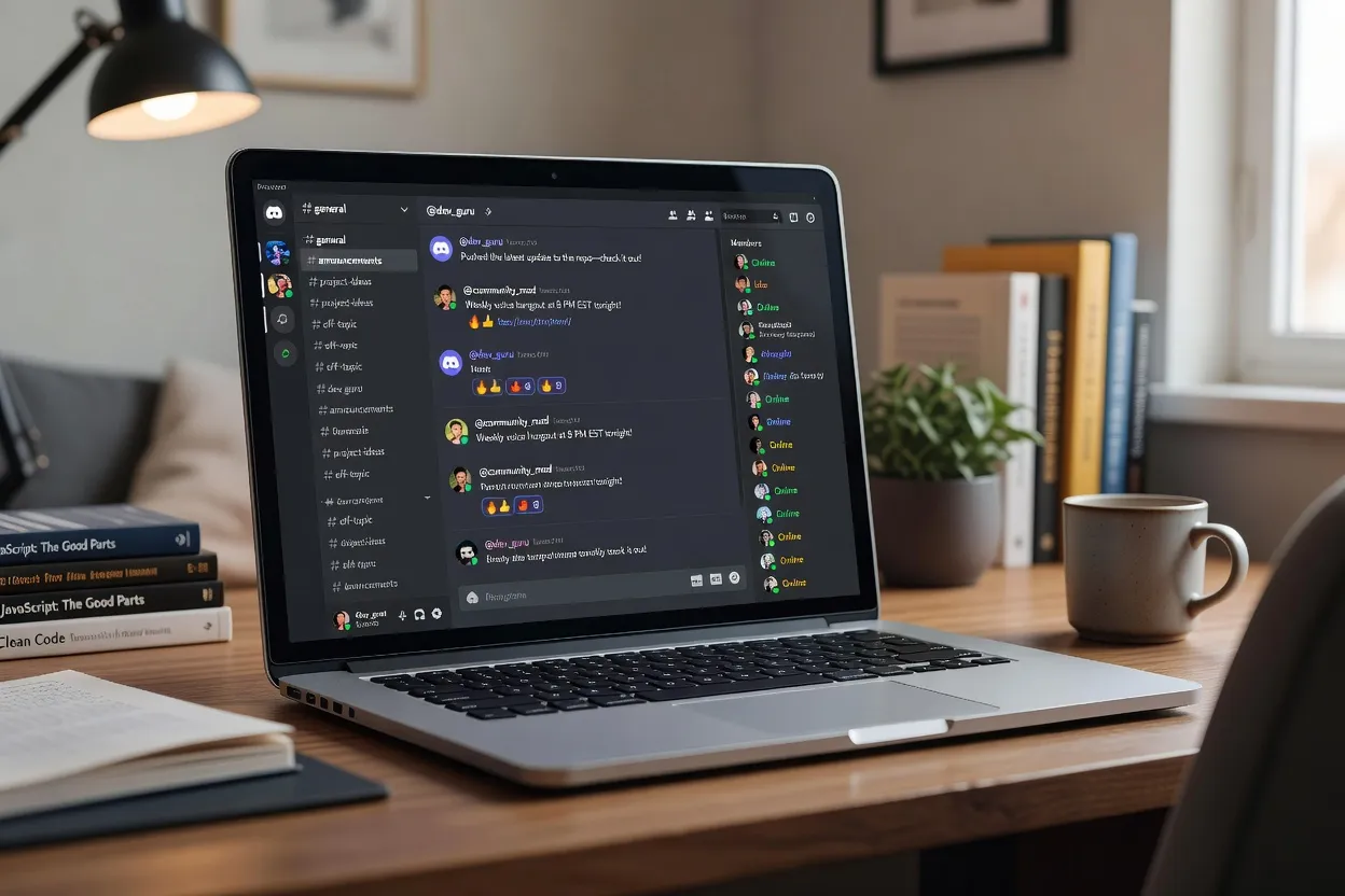 Interface Discord moderne avec salons textuels et vocaux organisés autour d'une communauté francophone