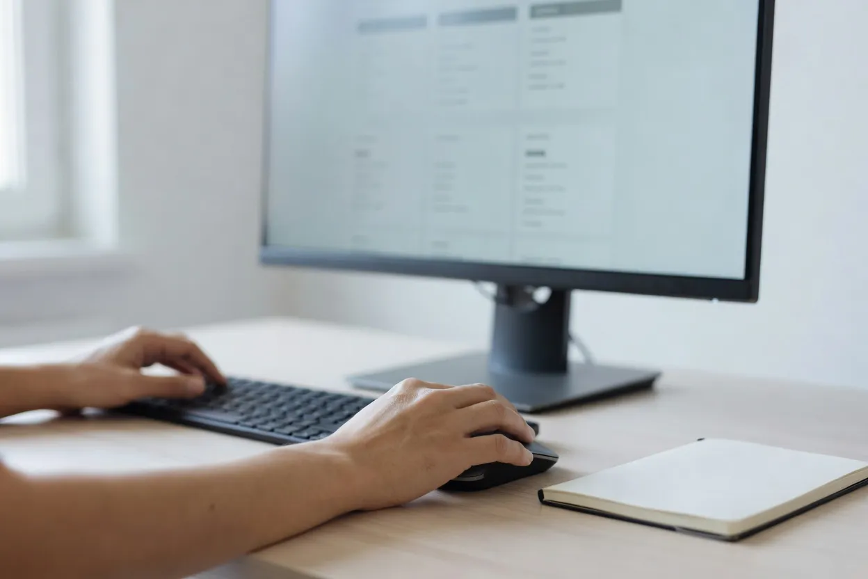 Mains sur un clavier devant un écran flou lors d'un travail de mise en page web.