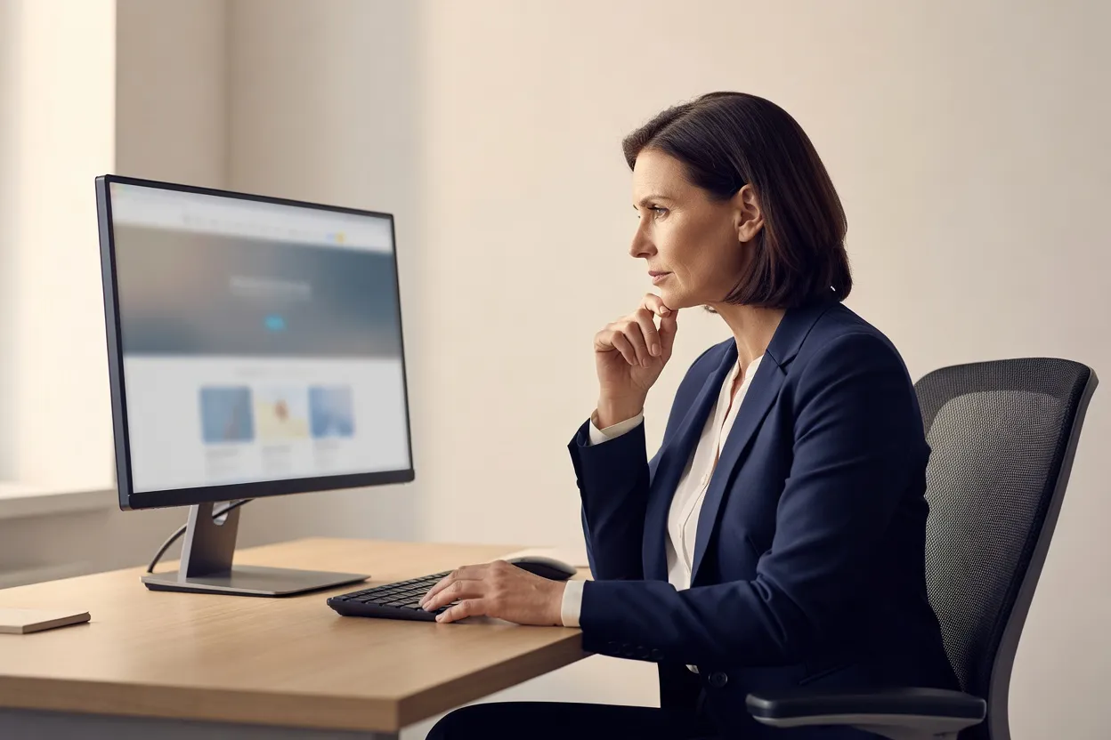 Développeuse observant un écran flou dans un espace de travail lumineux.
