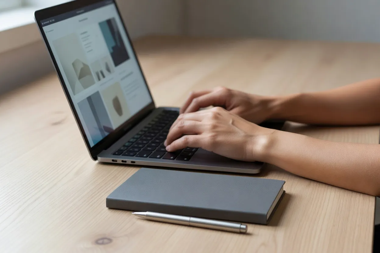 Mains utilisant un clavier devant un ordinateur portable sur un bureau de travail.