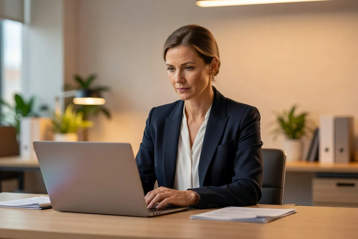 Professionnelle consultant un ordinateur portable dans un espace de travail.