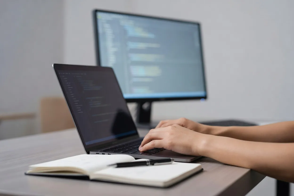 Des mains rédigent un exemple technique sur un ordinateur portable dans un espace de travail.