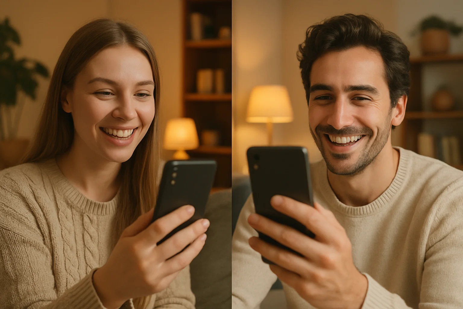 Femme slave et homme français en visioconférence sur leurs téléphones, souriant chacun depuis leur salon