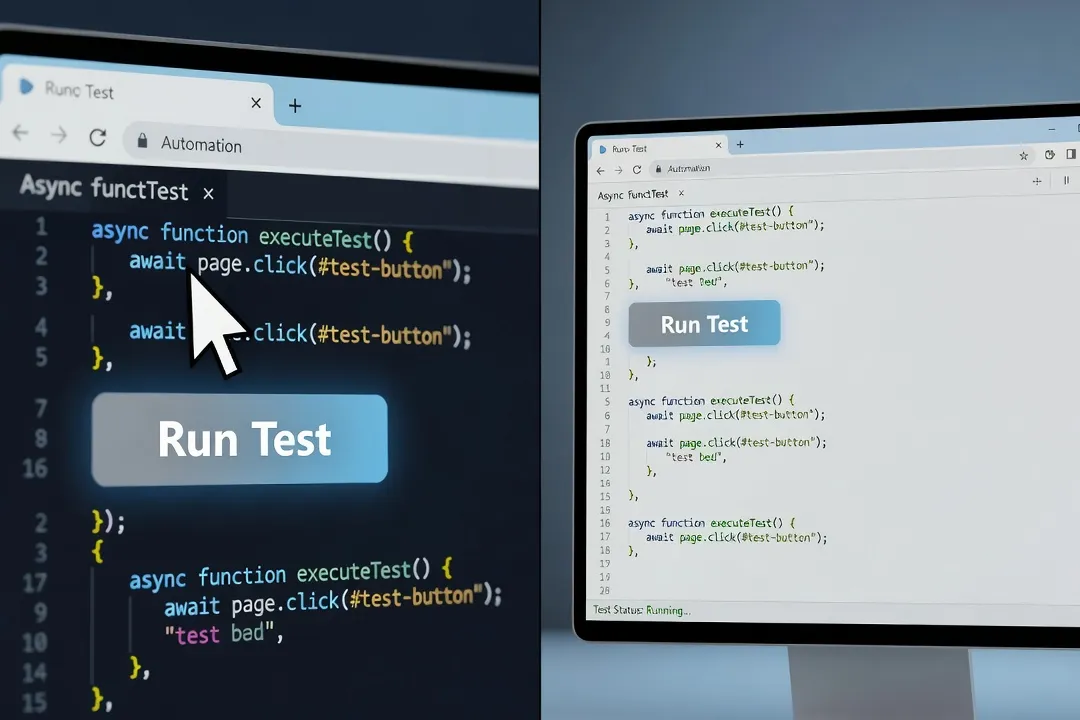 Écran divisé montrant un test Playwright en cours d'exécution dans un navigateur automatisé