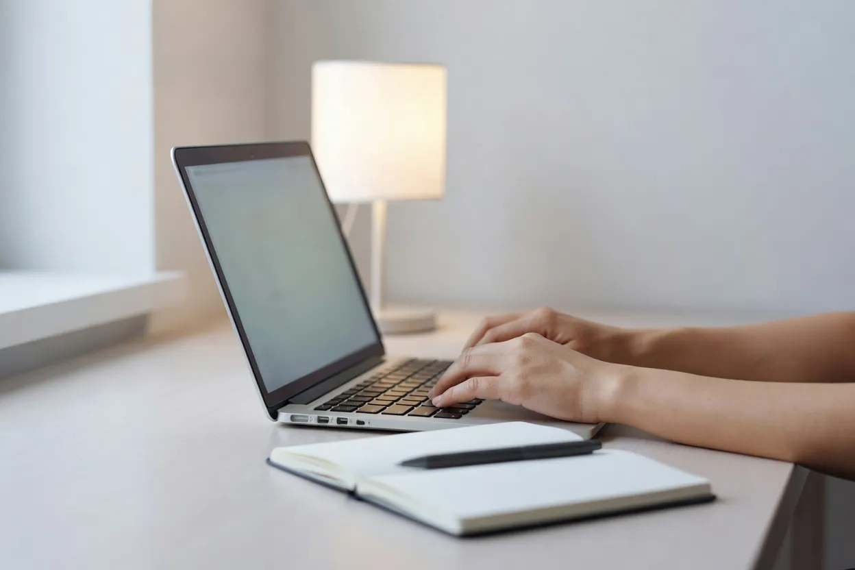 Mains d'un développeur sur un clavier d'ordinateur portable dans un espace de travail lumineux.
