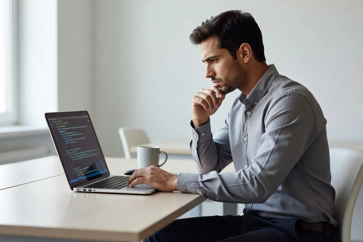 Développeur habillé travaillant sur un ordinateur portable dans un bureau clair.
