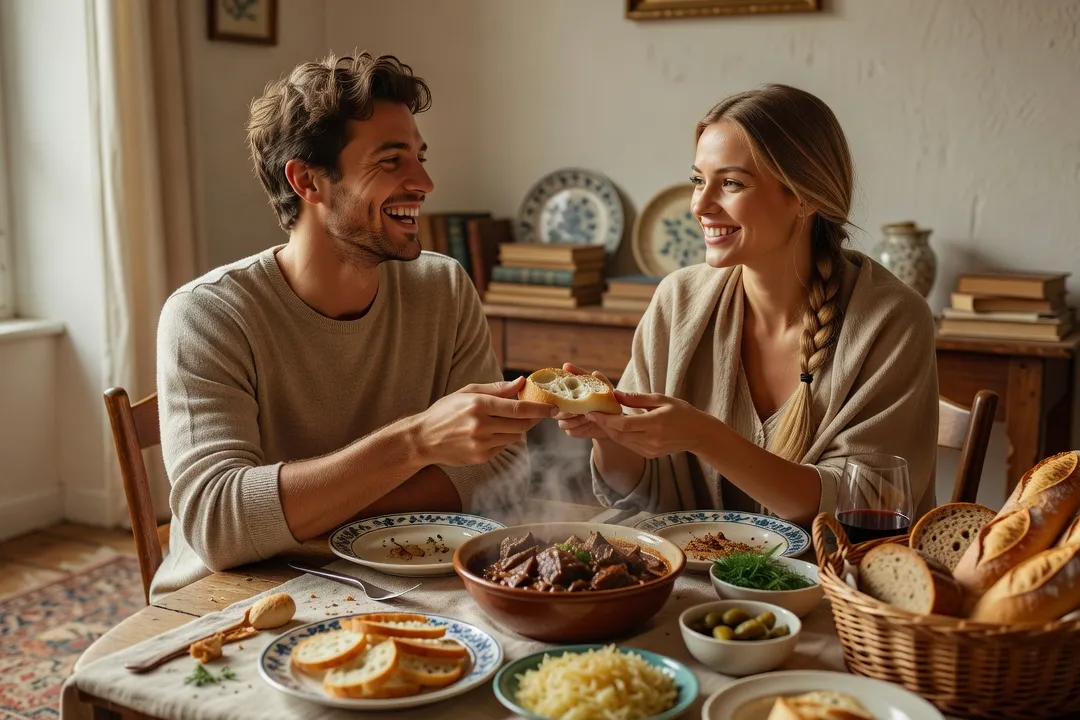 Couple franco-russe partageant un repas en famille en France