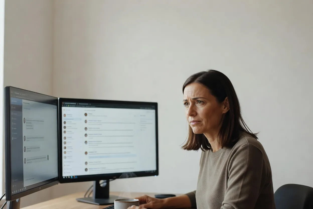 Développeuse au bureau devant deux écrans, l'un affichant un assistant conversationnel, l'autre un fil de discussion de forum d'entraide