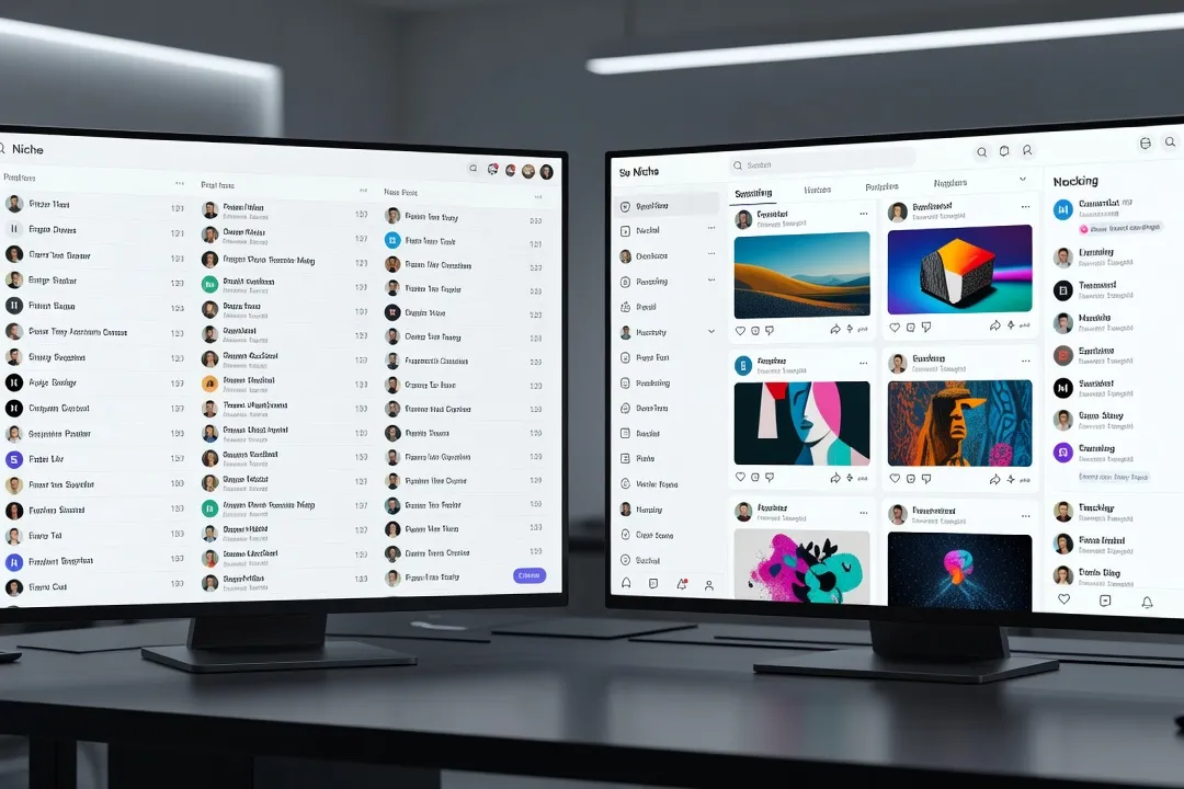 Écran affichant un forum de niche actif face à une application de réseau social