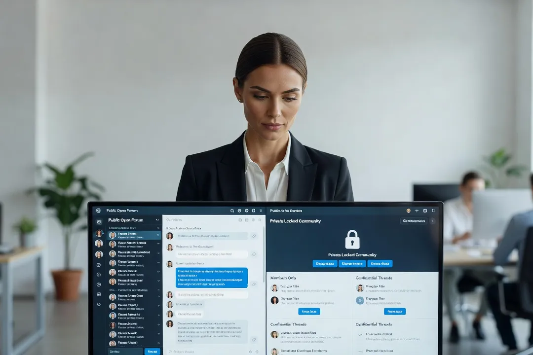 Administratrice de communauté en ligne comparant un espace public ouvert et un espace privé réservé sur son écran