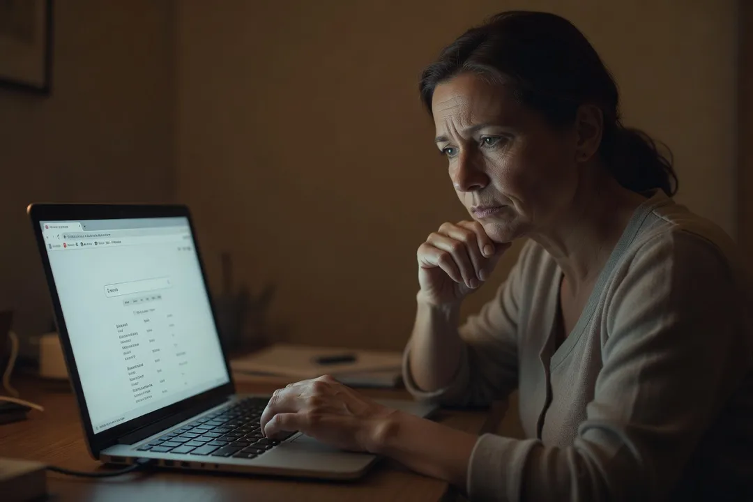 Personne pensive recherchant un ancien forum disparu sur un ordinateur portable