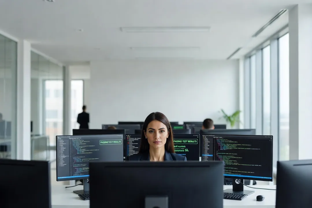 Développeuse testant une interface React sur plusieurs écrans avec résultats de tests automatisés