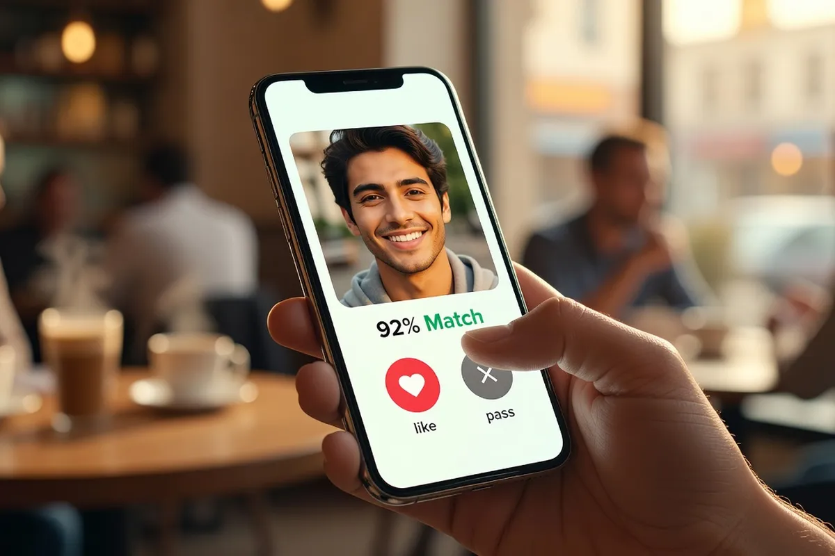 Femme utilisant une application de rencontre sur son smartphone dans un café