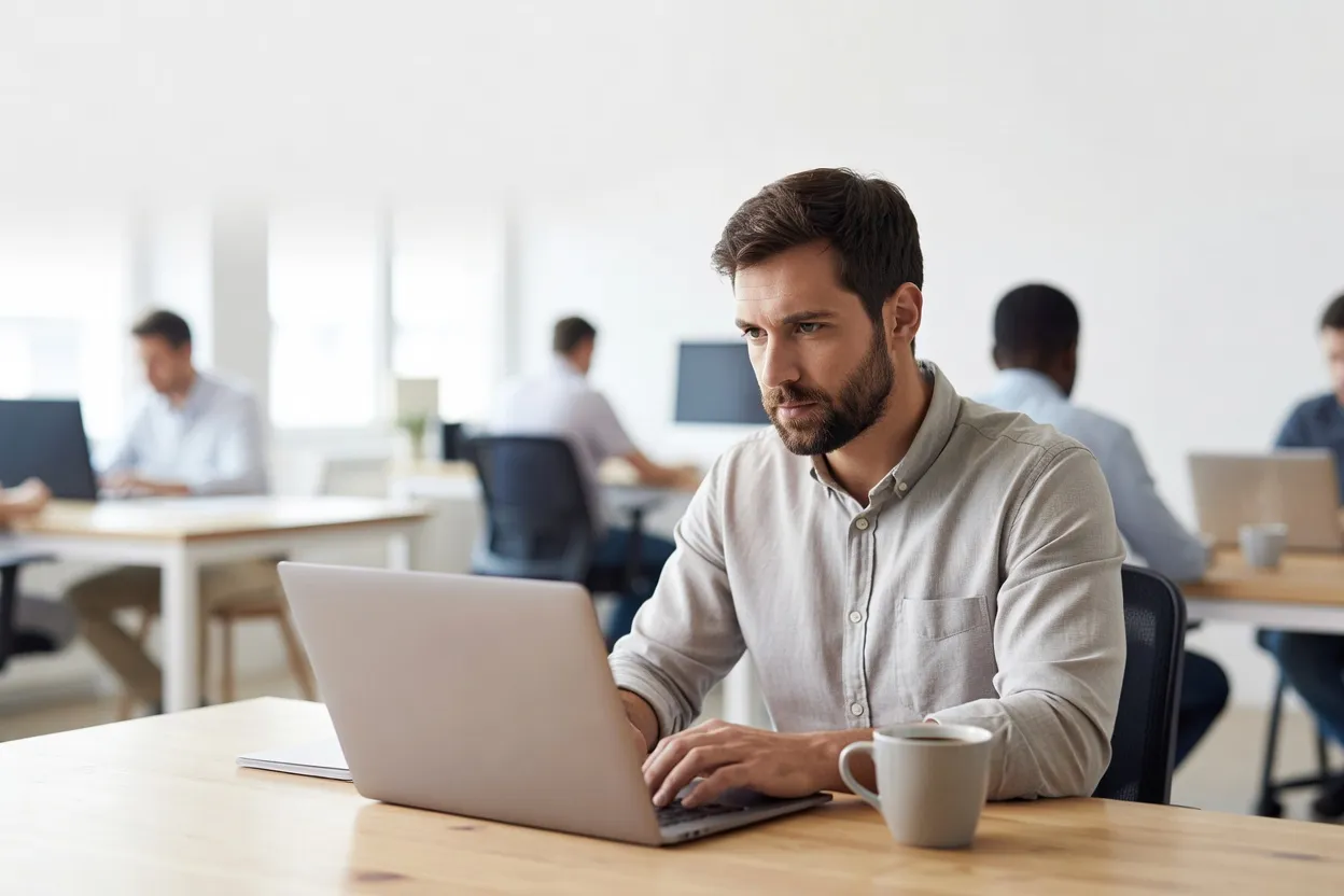 Un développeur travaille sur son ordinateur dans un espace de coworking