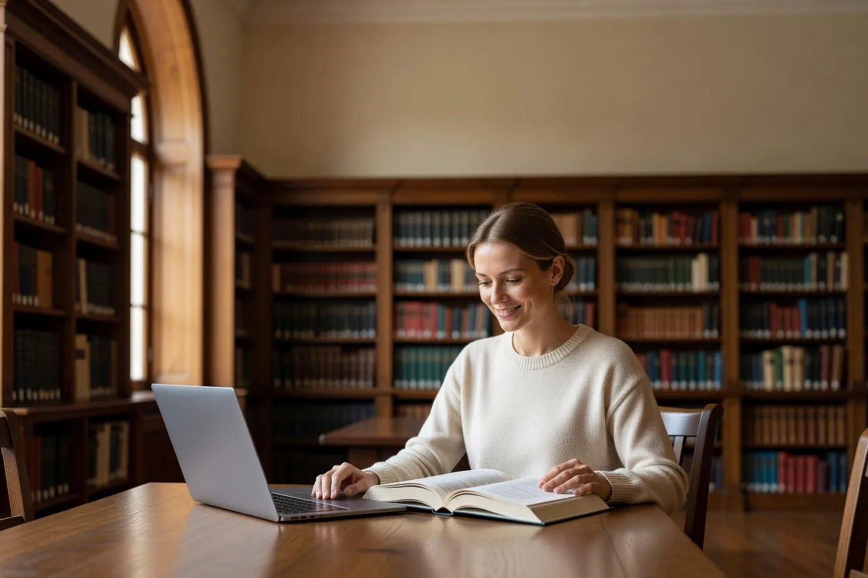 Une femme lit un livre technique à côté de son ordinateur dans une bibliothèque