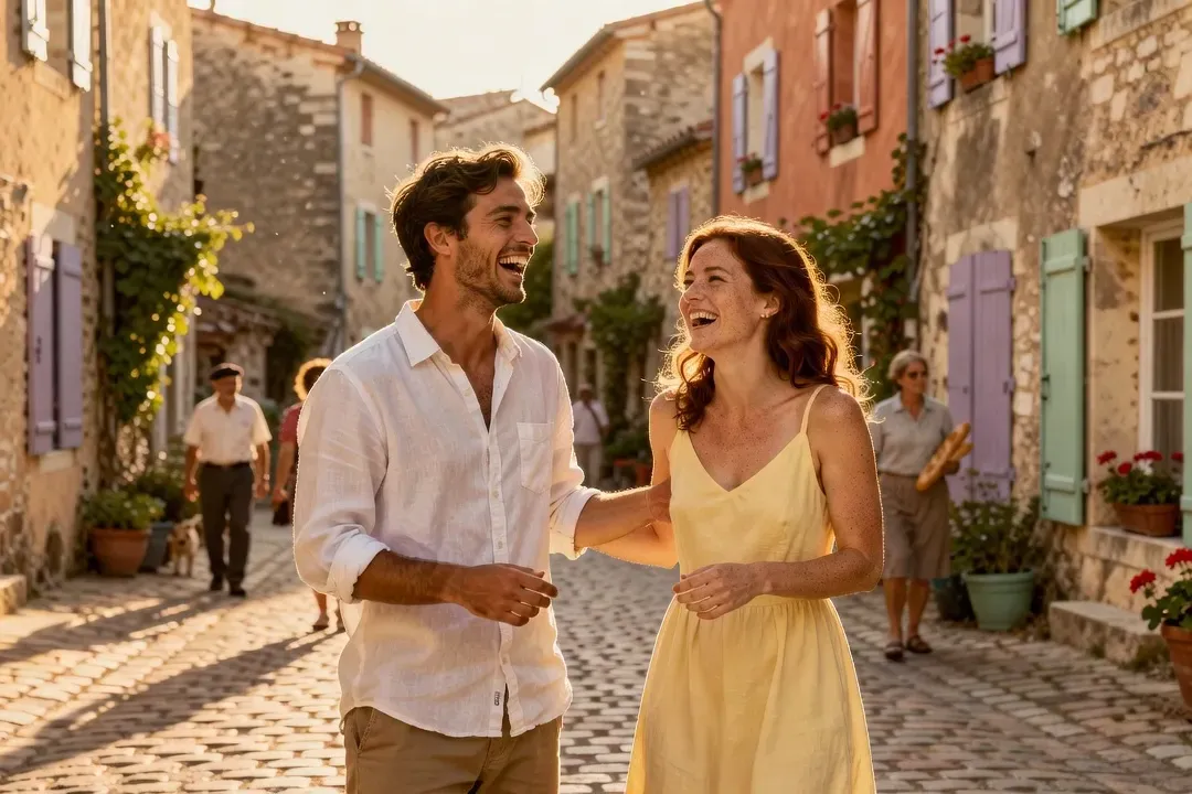 Couple riant ensemble en extérieur, complicité et attraction naturelle