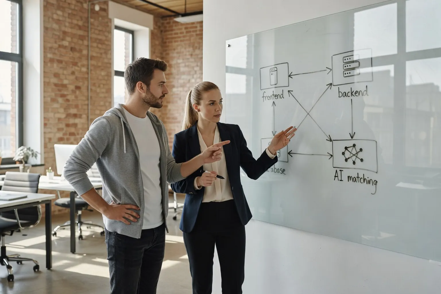 Schema d'architecture technique : frontend mobile, backend, base PostgreSQL, services IA