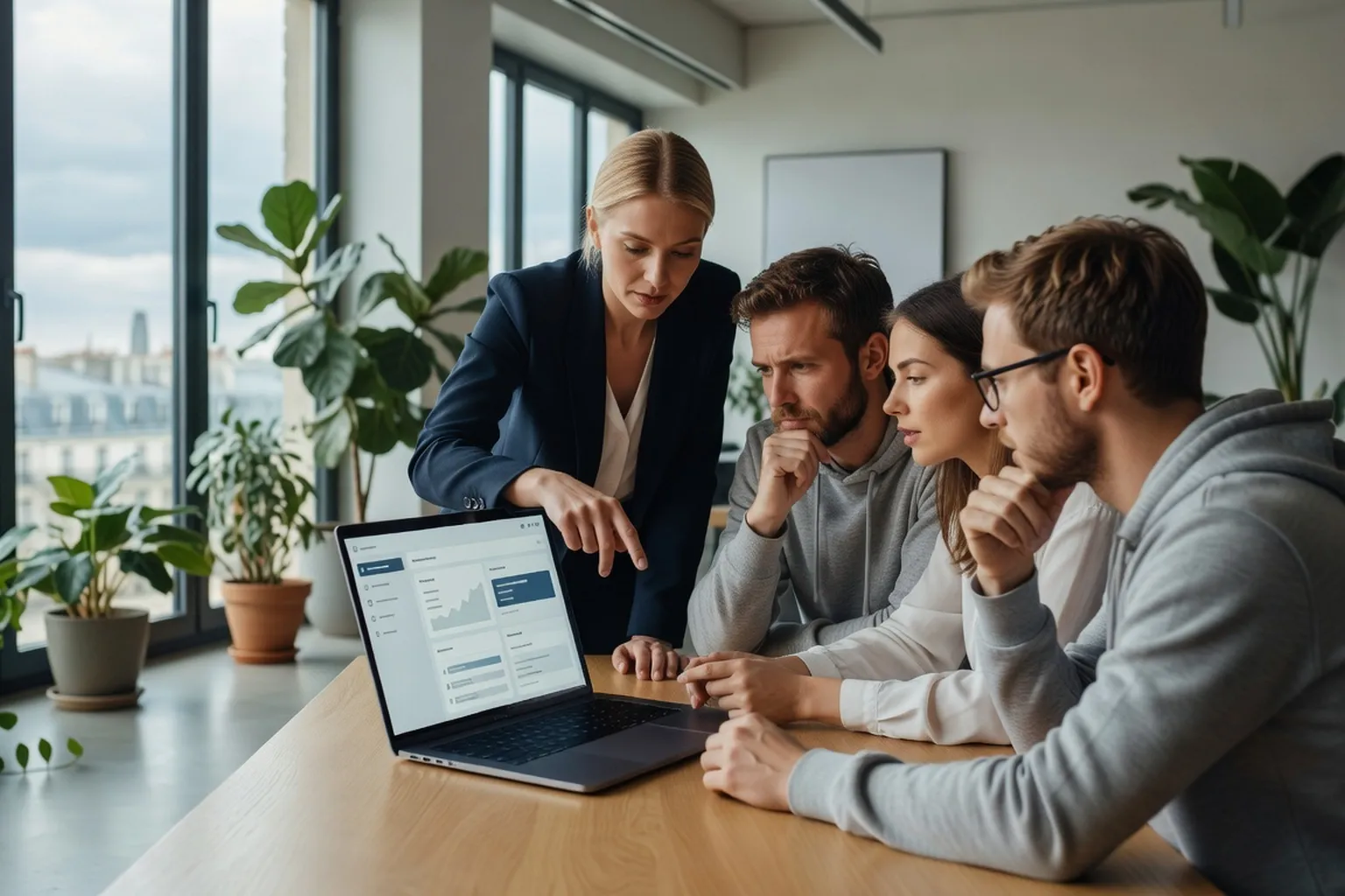 Equipe technique en revue de produit : ecran avec dashboard utilisateur RGPD