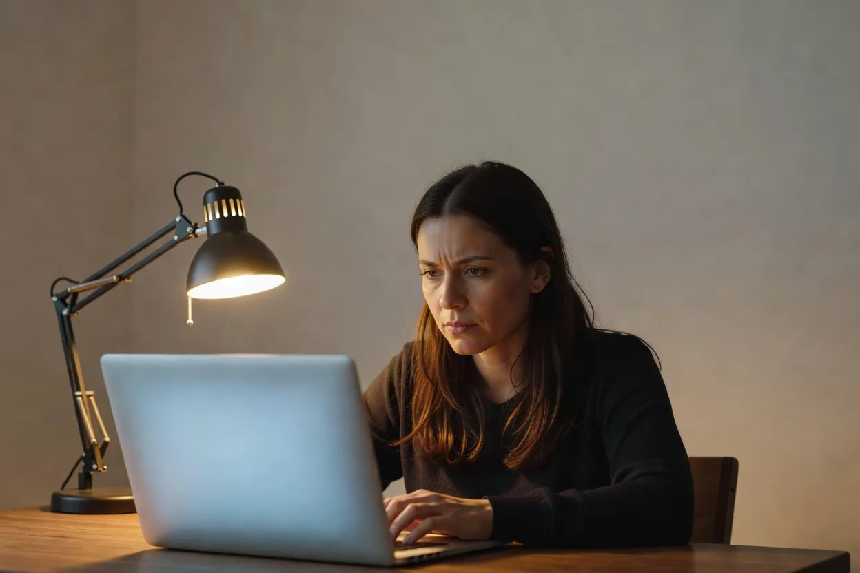 Une développeuse travaille le soir sur son ordinateur portable