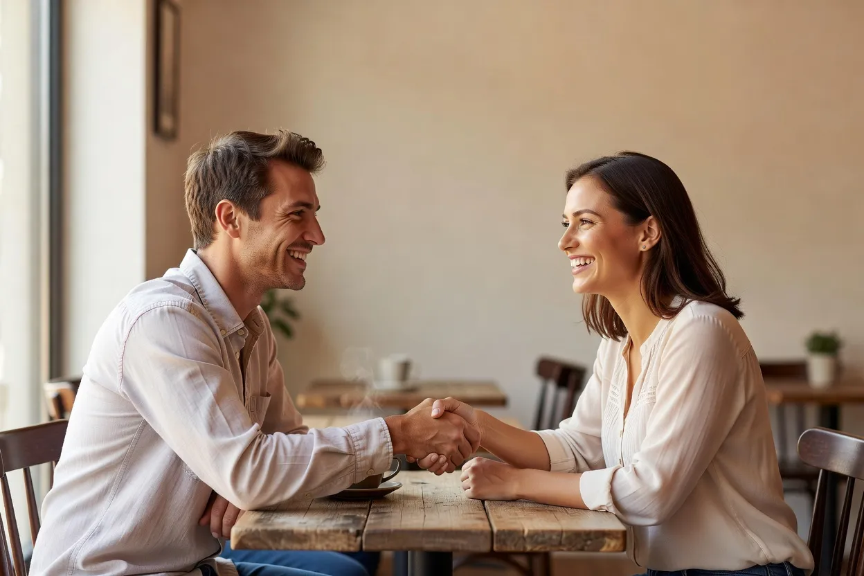 Un couple se rencontre pour la première fois dans un café