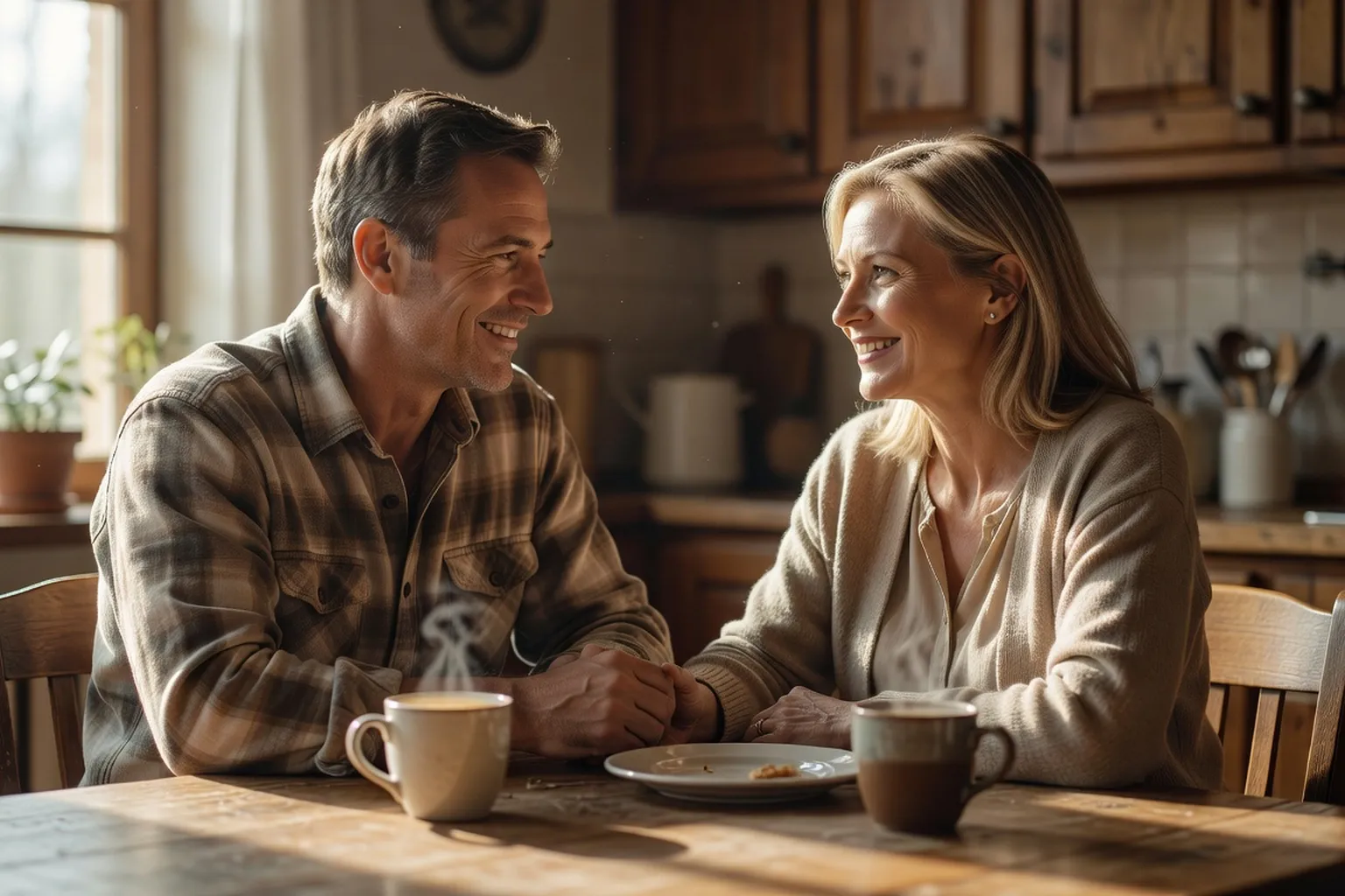 Couple en discussion bienveillante : exemple d'echange complice et respectueux