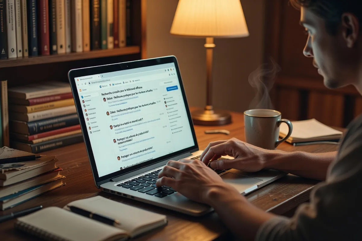 Personne tapant sur un clavier dans un bureau à domicile avec un forum sur l'écran