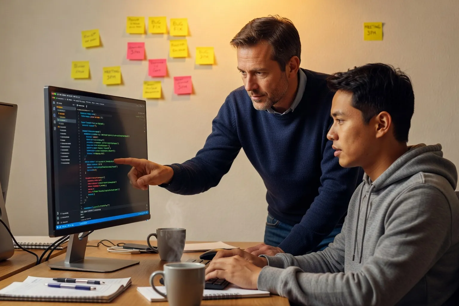 Session de code en pair programming entre senior et junior sur projet React