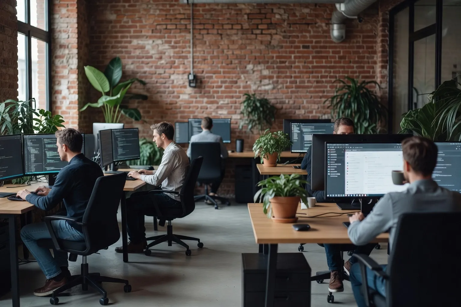 Bureau d'agence digitale, ecrans avec code TypeScript et Slack ouvert