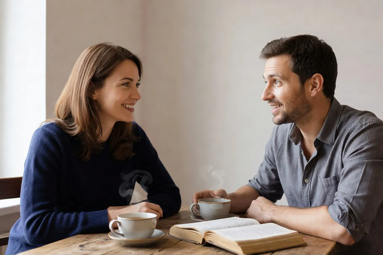 Deux amis, une Française et un Russe, discutent autour d'un thé avec un dictionnaire bilingue