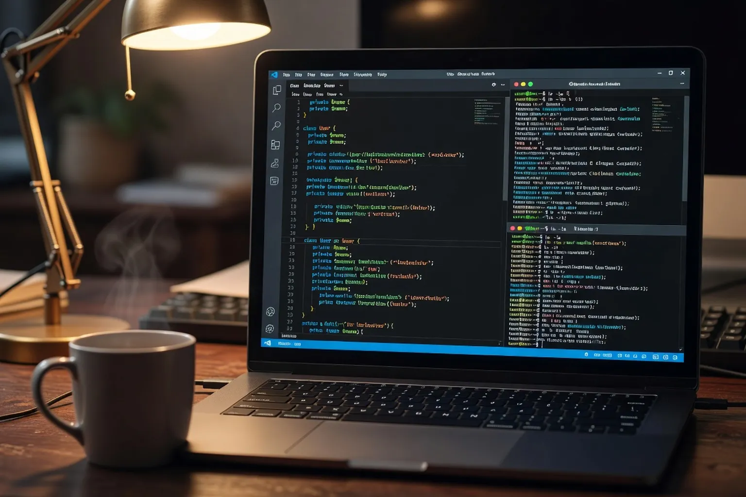 Editeur de code VSCode avec script PHP et terminal Linux ouvert