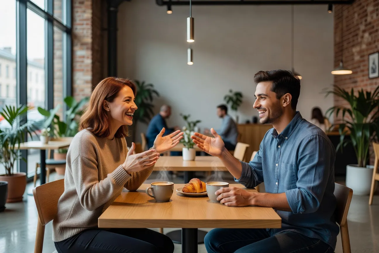 Deux personnes en conversation authentique, gestuelle ouverte
