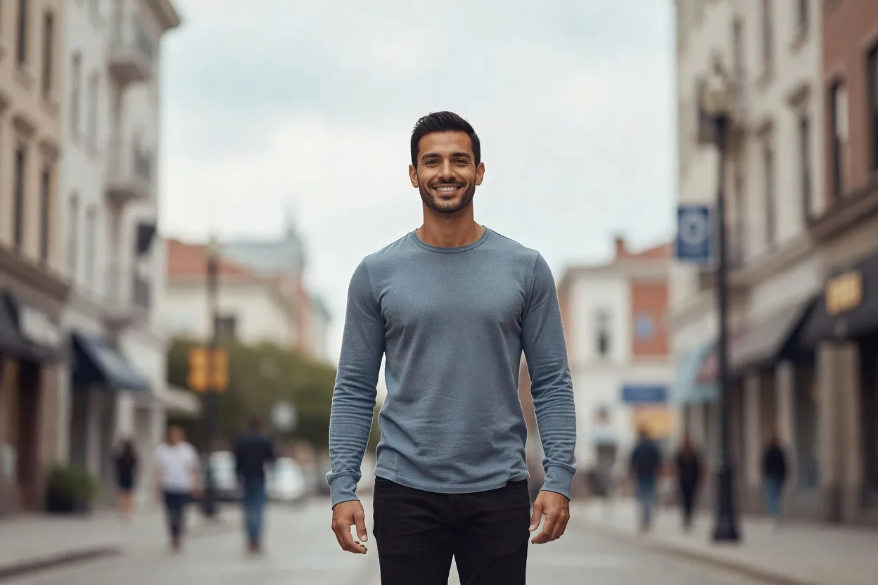 Un homme détendu et souriant marche dans une rue en ville