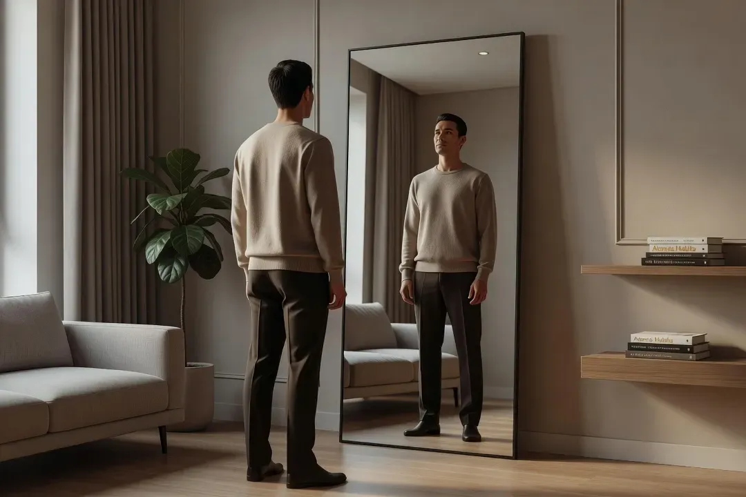 Personne travaillant la confiance en soi devant un miroir, développement personnel