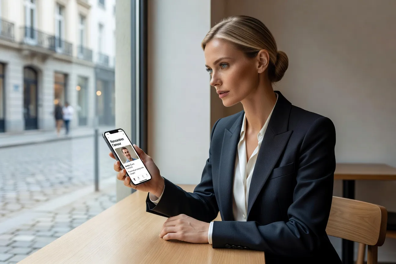 Femme russe utilisant une app de rencontre — profil sérieux