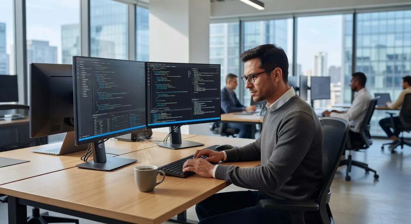Développeur travaillant sur son code avec double écran, bureau moderne