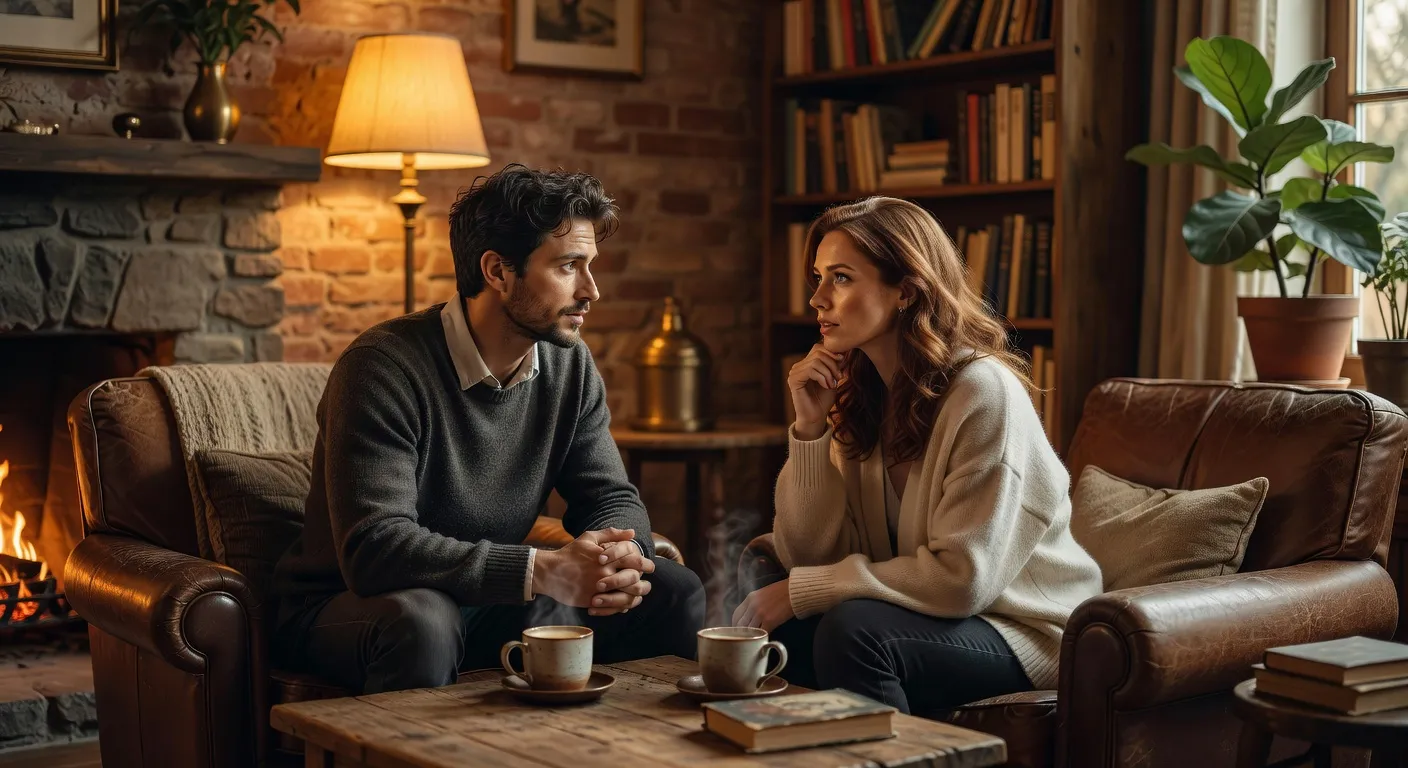 Couple en discussion bienveillante dans un café, connexion émotionnelle authentique