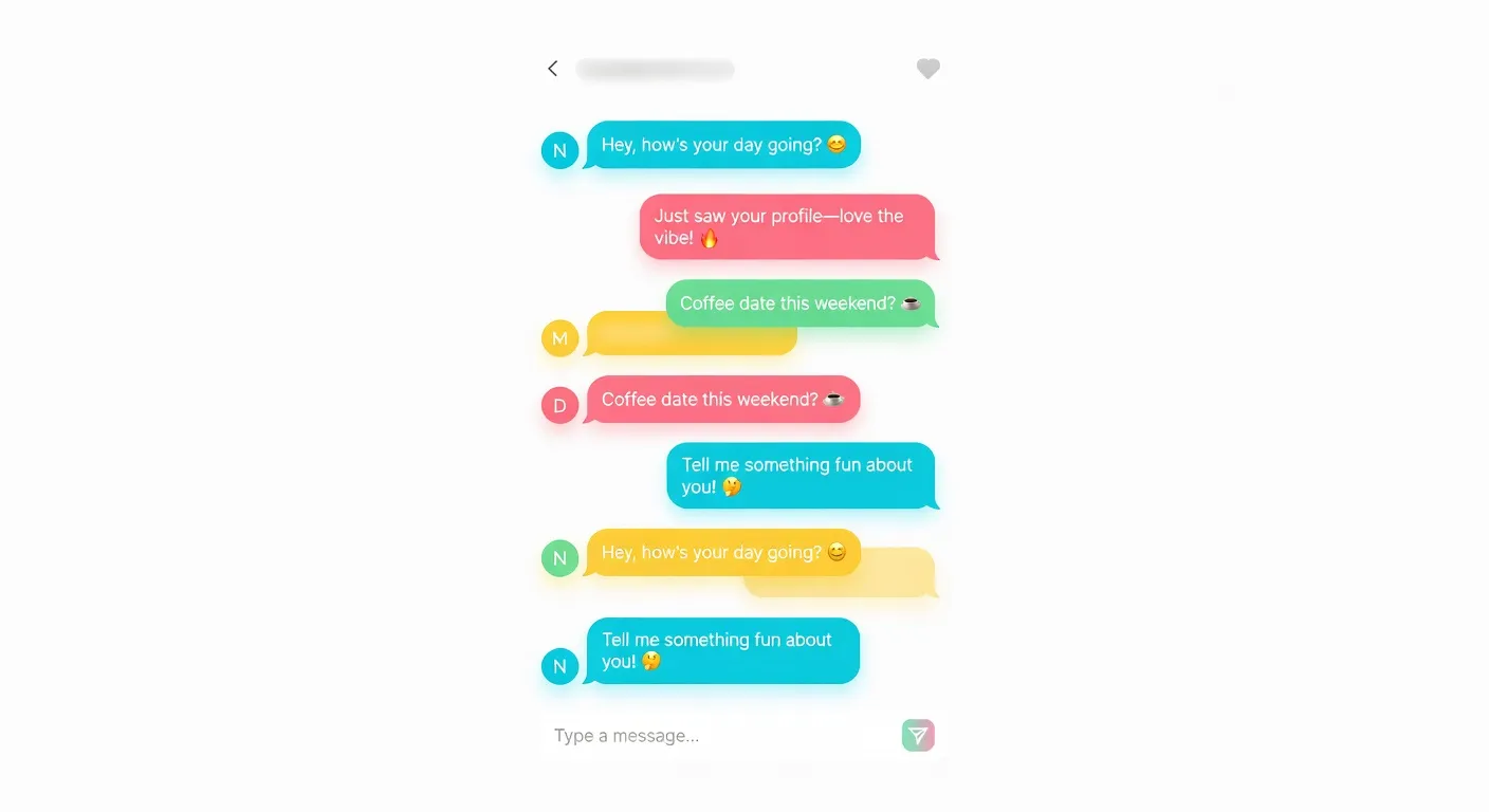 Interface de messagerie stylisée d'une application de rencontre, bulles de conversation colorées